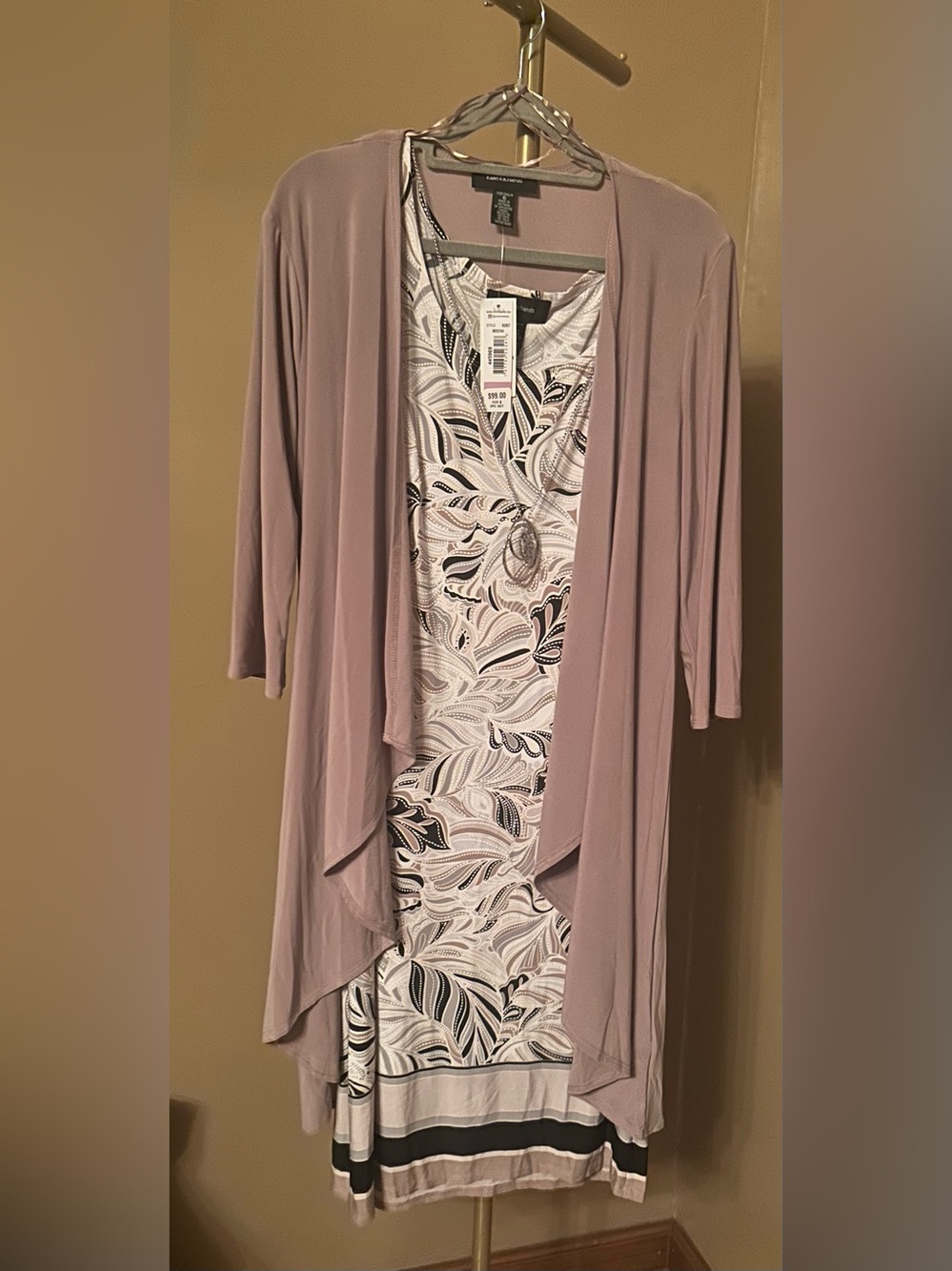 R & M Richards Mauve Open-Front Midi Dress Set with Printed Slip